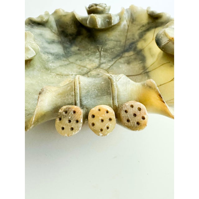 Hollywood Regency Vintage Hand Carved Soapstone Lotus Leaf Bowl With Floral Motifs For Sale - Image 3 of 12