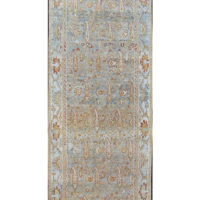 Early 20th Century Antique Hand Knotted Kurdish Runner in Soft Tones of Blue Soft Green & Orange For Sale In Atlanta - Image 6 of 12