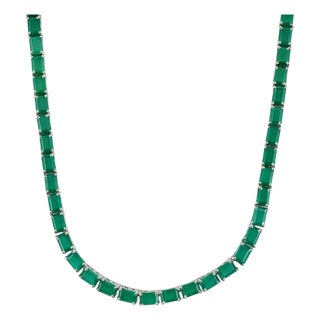 33.30 Ct Green Onyx Tennis Necklace in Sterling Silver Prong Set For Sale