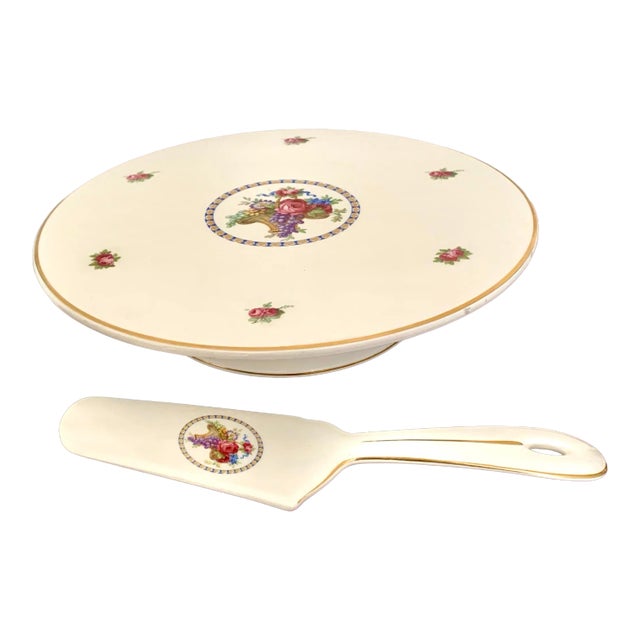 Vintage German Roesler Gilt Cake Platter and Porcelain Server Set For Sale