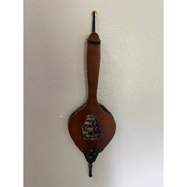 Nautical Vintage Nautical Wood Fireplace Bellows With Sailing Ship For Sale - Image 3 of 9