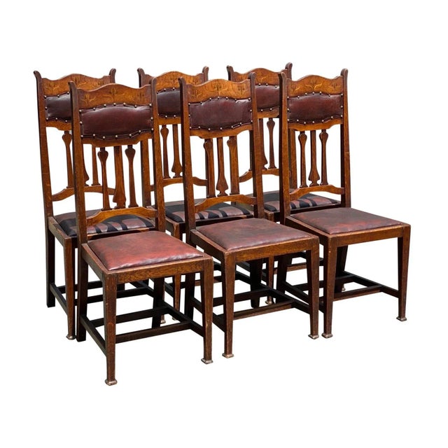 Arts & Crafts Set of 6 Early 20th Century Arts & Crafts Mission Oak Dining Chairs With Tulip Inlaid Crest Rails For Sale - Image 3 of 12
