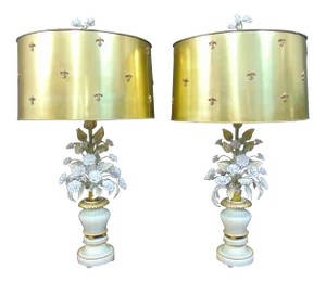 Italian Floral Porcelain Metal Urn Form Lamps / Gilt Shades - a Pair