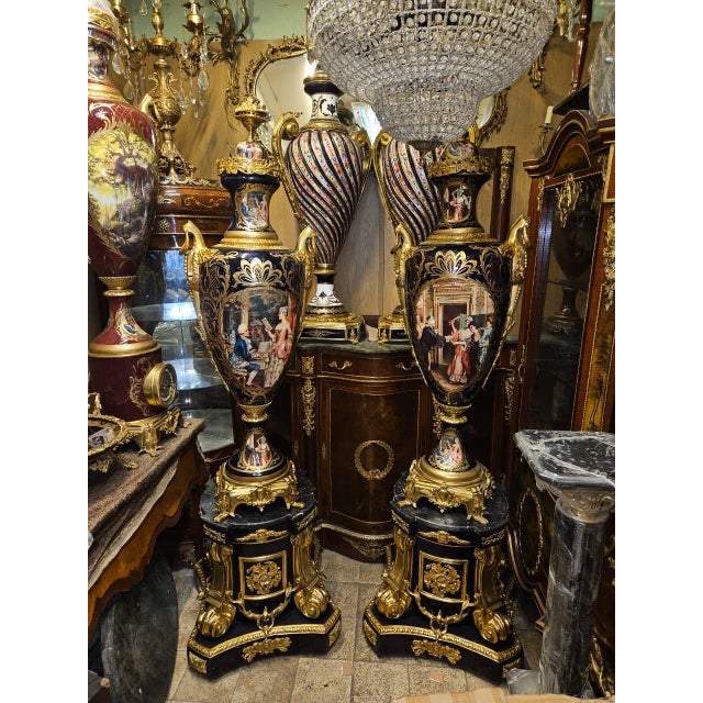 French Sevres-Style Porcelain Vases with Pedestals Hand-Painted Gilt Bronze, Pair For Sale - Image 3 of 3
