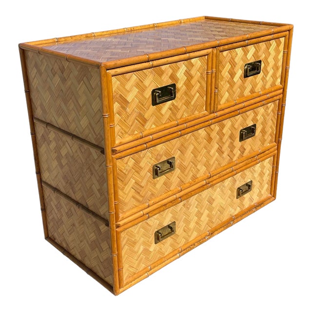 Mid-Century Campaign Style Parquet Woven Bamboo Dresser Chest Drawers For Sale