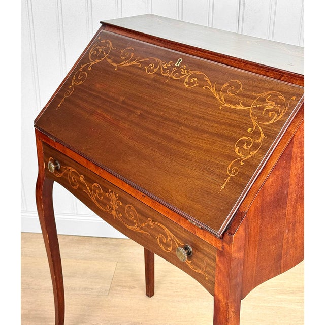 Antique Victorian Mahogany Inlaid Fruitwood Drop Front Secretary Desk For Sale - Image 6 of 11
