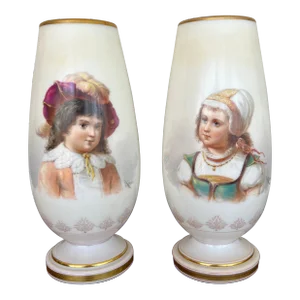 Pair, Antique Baccarat School Opaline Portrait Vases Hand Painted by Josef Ahne