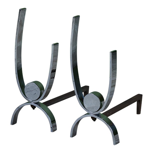 Donald Deskey Style Nickel Plated Andirons For Sale