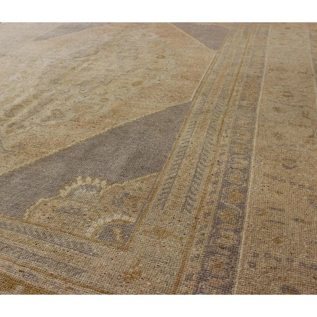 Tribal Vintage Turkish Oushak Rug With Faded Peach and Gray Medallion on Soft Taupe For Sale - Image 3 of 7