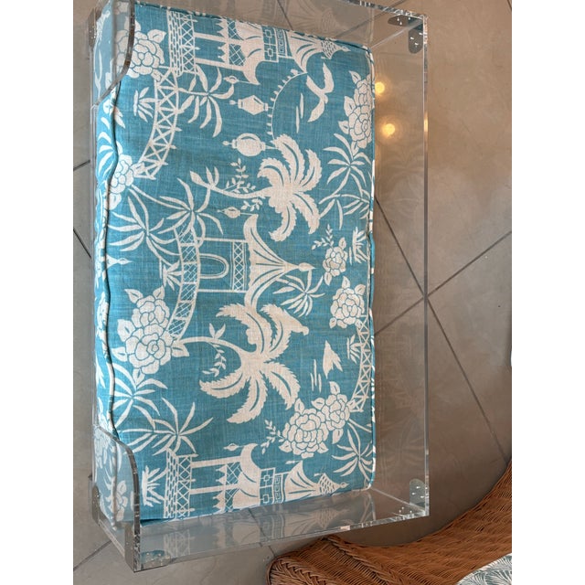 Vintage Palm Beach pagoda aqua upholstery, lucite and chrome dog pet bed. The lucite and chrome have been polished. The...