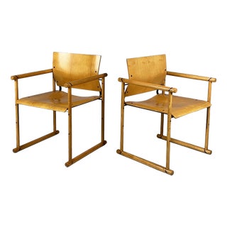 Italian Modern Chairs with Armrests in Wood and Black Metal, 1970s, Set of 2 For Sale