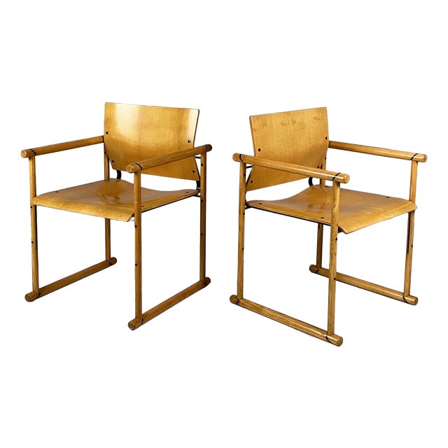 Italian Modern Chairs with Armrests in Wood and Black Metal, 1970s, Set of 2 For Sale