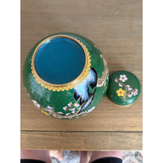 Vintage Chinese Green Cloisonné Prunus Blossom Lidded Ginger Jar For Sale - Image 6 of 6