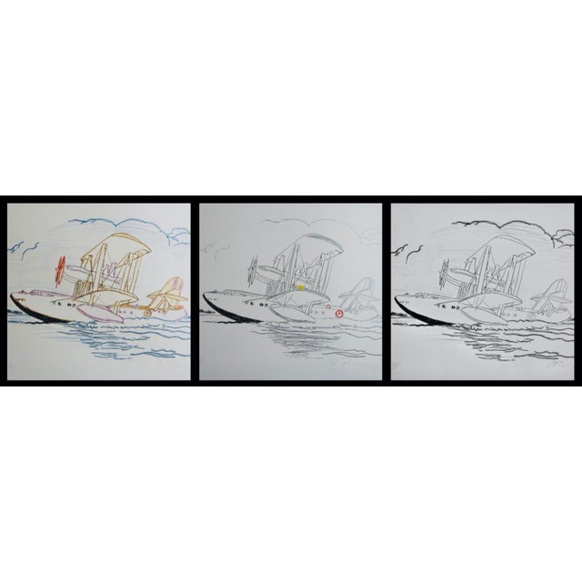 Artist: Robert Stanley Title: A Very Large Flying Boat Taking Off Medium: 3 Lithographs, one with hand coloring in crayon,...