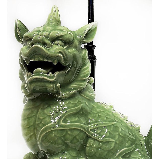 Chinoiserie 1940s Chinoiserie Celadon Porcelain Foo Dog Lamp, Custom Shade For Sale - Image 3 of 10