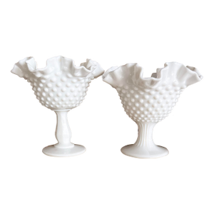 Fenton Milk Glass Hobnail Pedestal Compotes — Set of 2 (Vintage American Glass)