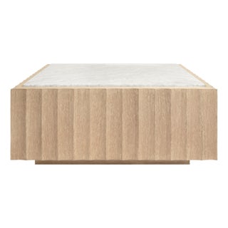 Matthew Izzo Home Granger Cerused Oak Low, Square, Fluted Coffee Table With Inset White Carrara Marble Top For Sale