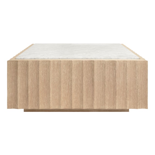 Matthew Izzo Home Granger Cerused Oak Low, Square, Fluted Coffee Table With Inset White Carrara Marble Top For Sale
