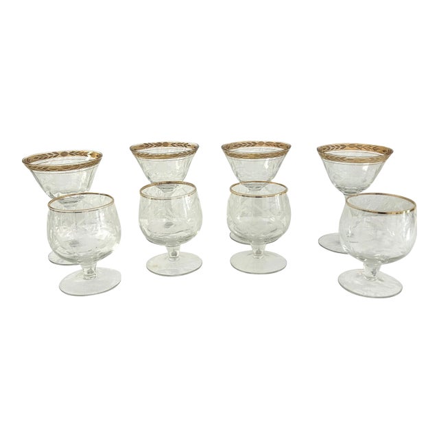 Midcentury Etched Crystal Cocktail Glasses, Set of 8 For Sale