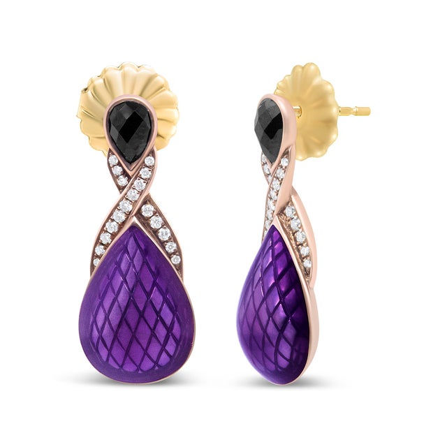 Contemporary 18K Rose Gold Flash Plated .925 Sterling Silver Purple Enamel 1/5 Cttw Round Pave-Set Diamond and 5.5 x 4mm Pear-Shaped Black Onyx Drop Earrings For Sale - Image 3 of 5