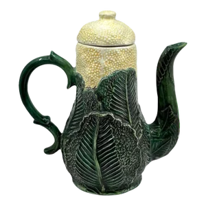 20th Century Majolica Green Cabbage Cauliflower Tea Pot