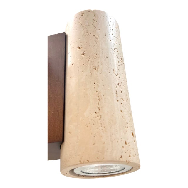 Travertine & Wood Wall Sconce Natural Stone Cylinder Light For Sale