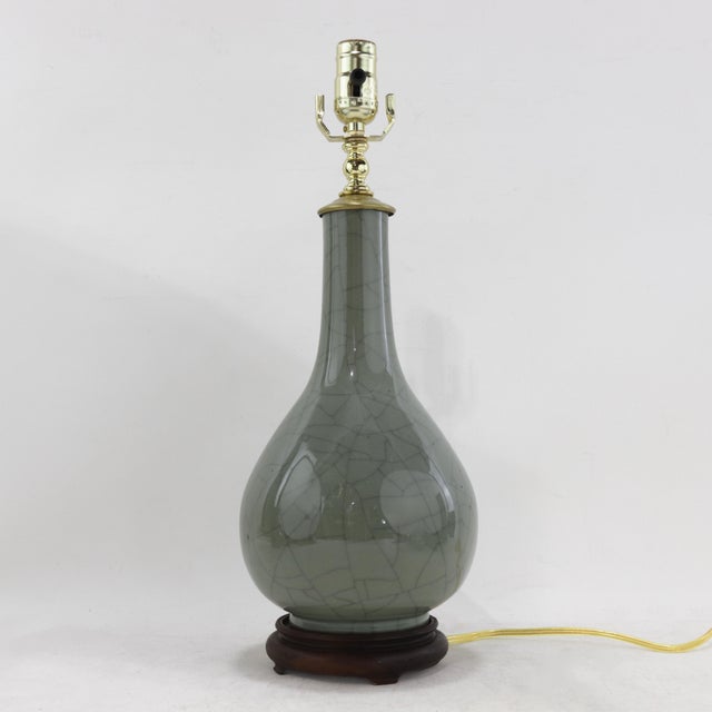 Vintage Celadon Crackle Glaze Porcelain Table Lamp Bottle Vase With Rosewood Base For Sale - Image 12 of 12