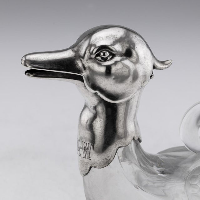 20th Century Continental Silver & Clear Glass Novelty Duck Claret Jug For Sale - Image 16 of 18