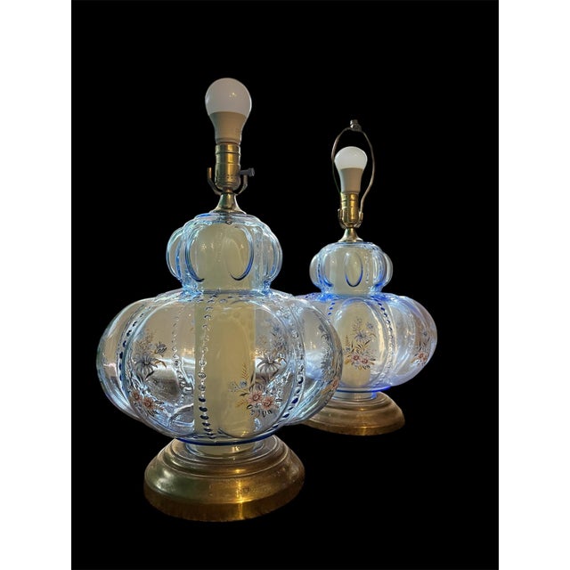 Blue 1950s Pair of Mid-Century Modern Murano Style Blue Bullicante Glass Lamps For Sale - Image 8 of 12