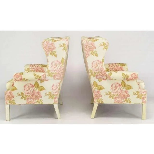 Chippendale Overscale Chippendale Wing Chairs in Rose Pattern Fabric - a Pair For Sale - Image 3 of 10