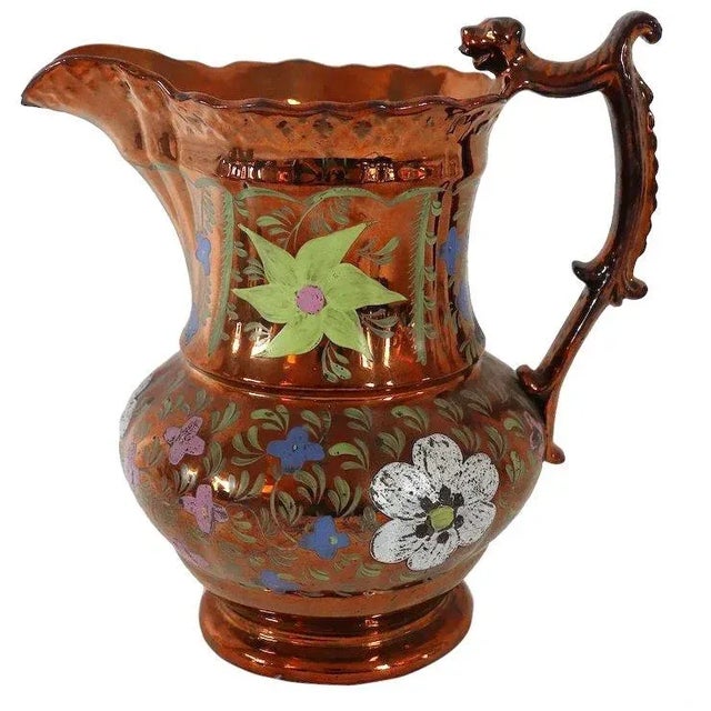 English Staffordshire Enamelled Copper Luster Dog-Handle Pitcher For Sale - Image 13 of 13