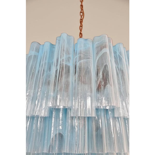 Mid-Century Modern Huge Murano Glass Tiered Chandelier | 80 Blue Alabaster Tubes | Italian Luxury Lighting For Sale - Image 3 of 5