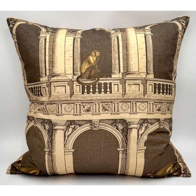 Late 20th Century Fornasetti Style Architectural Monkey Silk Throw Pillow, Down Filled For Sale - Image 5 of 7