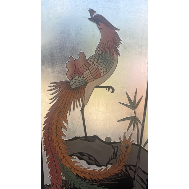 Vintage Chinoiserie Four-Panel Phoenix Folding Screen With Silver-Tone Ground For Sale - Image 15 of 15
