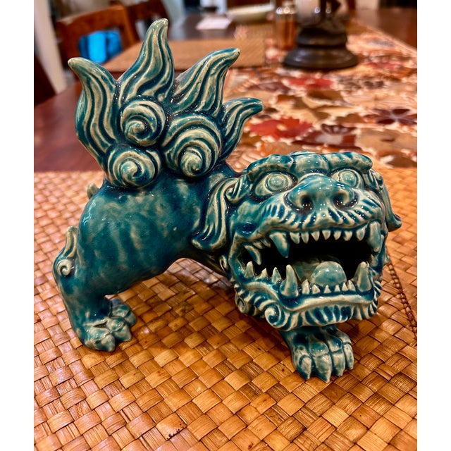 Vintage Turquoise Porcelain Foo Dog Statues - A Pair For Sale - Image 4 of 4