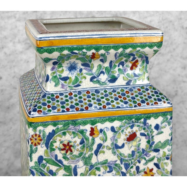 Chinese Vintage 14" Chinese Porcelain & Enamel Green Floral Paneled Vase For Sale - Image 3 of 9