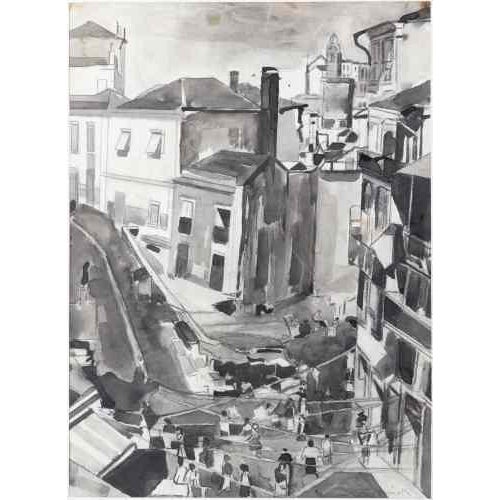"View of Porto". Mixed media on paper, signed. Dimensions: 42.5 x 30 cm.