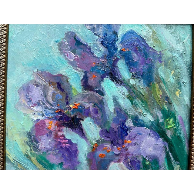Framed Flower Blue-Violet Irises Original Painting by Artist Valeriya Serova For Sale - Image 6 of 11