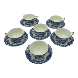 Vintage Crown Ducal Bristol Blue Transferware Teacups & Saucers – Set of 6 | English Chinoiserie China - 12 pcs For Sale