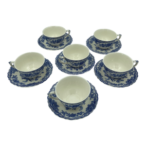 Vintage Crown Ducal Bristol Blue Transferware Teacups & Saucers – Set of 6 | English Chinoiserie China - 12 pcs