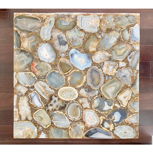 Incredible, unique, one of a kind side table. Features a stunning, extremely heavy stone top crafted of sliced agate...