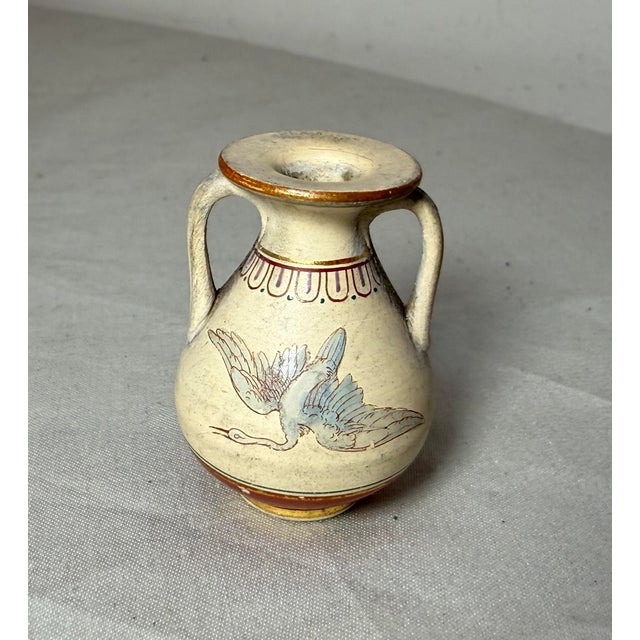 Mediterranean Antique Hand Painted Greek Amphora Miniature Dollhouse Pottery Bird Clay Vase For Sale - Image 3 of 9