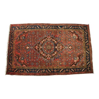 Vintage Hand Woven Geometric Floral Medallion Red & Blue Area Rug Mat 4 X 6' For Sale