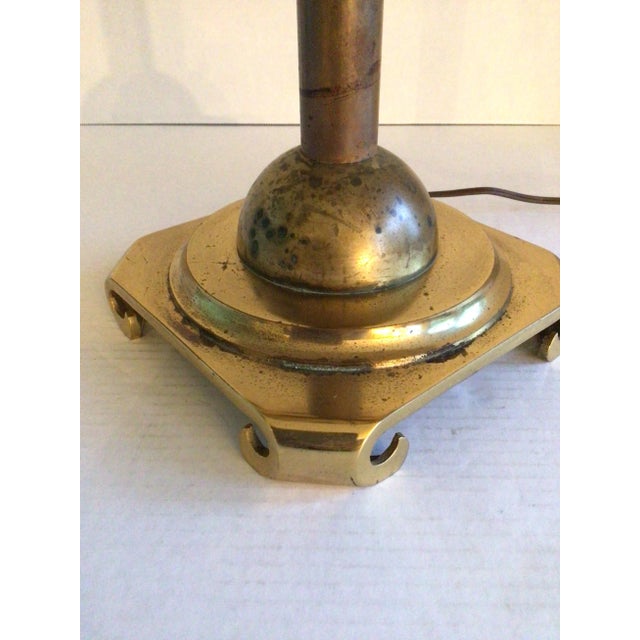 1950s Brass Table Lamp with Brass and Decorative Glass Shade Lamp features brass platform base The Shade Features Brass...