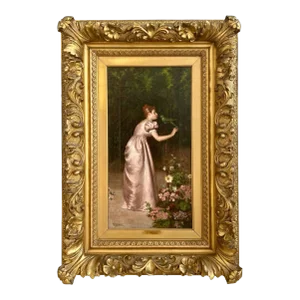 Francesco Beda, Italian. “Lady With Parrot", Oil Canvas 19th C.