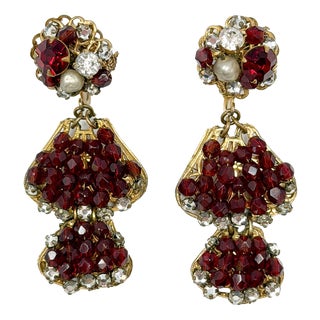 Vintage Red Glass Bead and Rhinestone Drop Earrings by Robert DeMario, 1950s, Set of 2 For Sale