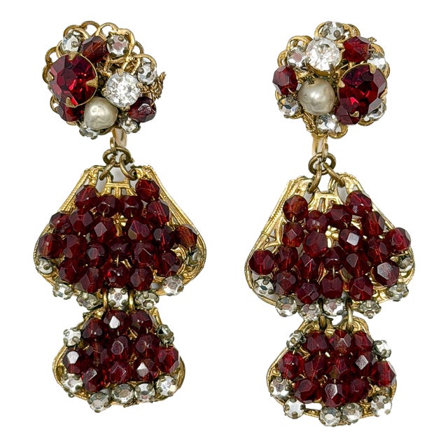 Vintage Red Glass Bead and Rhinestone Drop Earrings by Robert DeMario, 1950s, Set of 2 For Sale