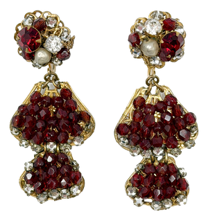 Vintage Red Glass Bead and Rhinestone Drop Earrings by Robert DeMario, 1950s, Set of 2