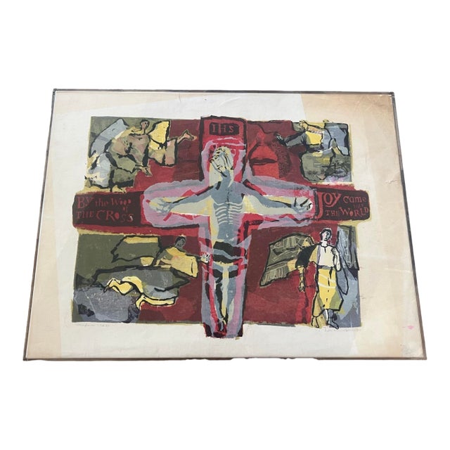Vintage Mid Century Modern Print Painting Art by Sister Monica Julie Crucifixion Abstract 1950s For Sale