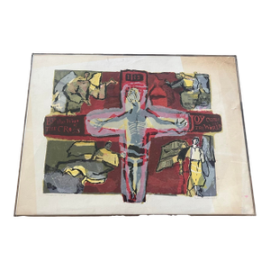 Vintage Mid Century Modern Print Painting Art by Sister Monica Julie Crucifixion Abstract 1950s